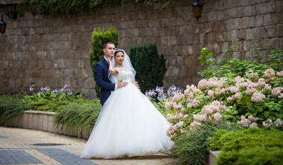 Obraz premium Handsome groom hugging bride from behind in a garden with an old
