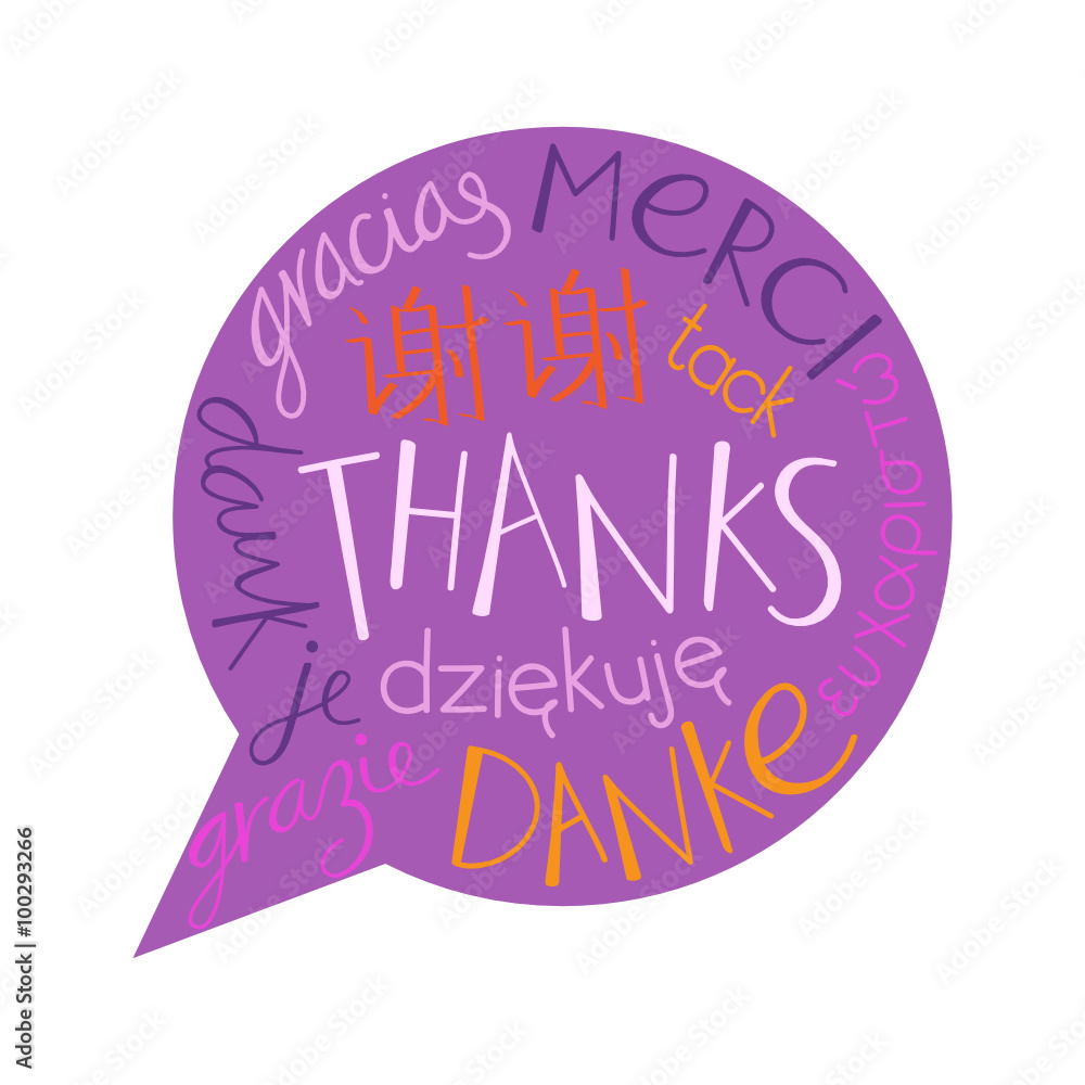 Wall mural thank you speech bubble with translation in handdrawn font - Wall murals