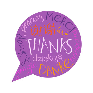 THANK YOU speech bubble with translation in handdrawn font