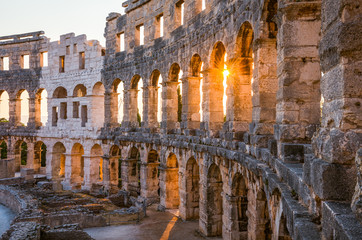 Architecture Details of the Roman Amphitheater Arena in Sunny Summer Evening. Famous Travel...