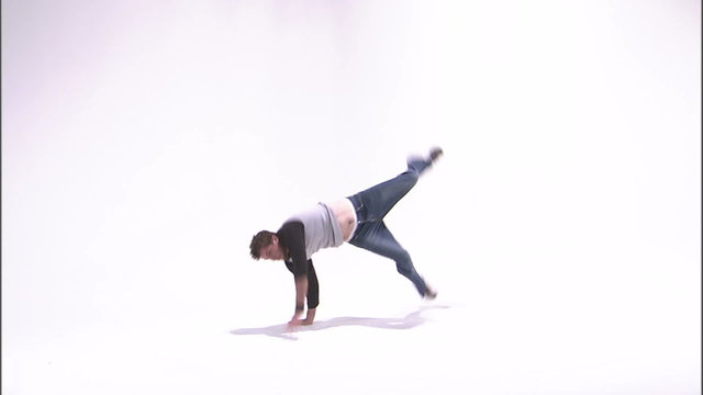Break dancer doing a type of airflare on a white background.