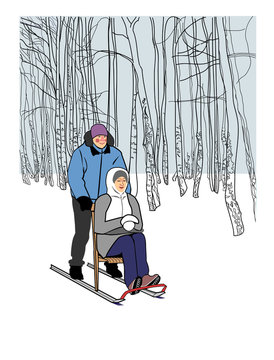 Skating couples on a kicksled at the Park.