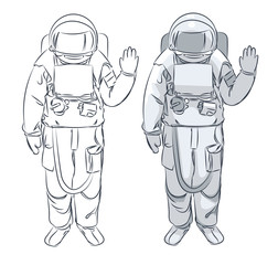 Astronaut in spacesuit with raised hand in salute. Speech bubble with greeting. Ink drawn cosmonaut illustration.