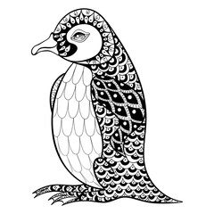 Hand drawn artistically King Penguin, zentangle illustartion for