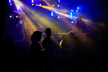 Fototapeta na wymiar Silhouette of people dancing and talking in a music festival