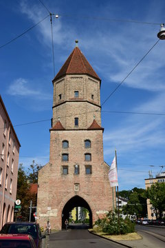 Historic JAKOBERTOR tower in Augsburg, region Swabia, Germany.