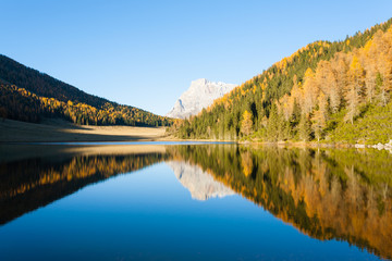Reflections on water, autumn panorama from mountain lake