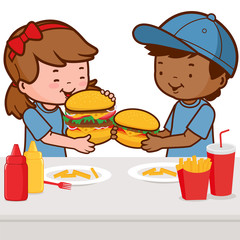 Children at a table eating hamburgers. Vector illustration