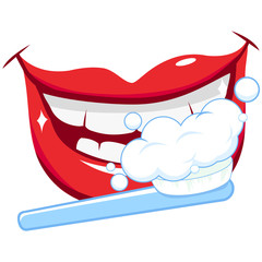Smiling mouth, brushing teeth with a toothbrush. Vector illustration