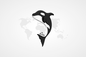 Whale Orca. Concept vector hand drawn illustration, logo. Design of simple icon with text. Sketch art. Flat design. 