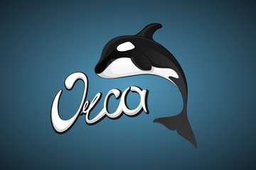 Whale Orca. Concept vector hand drawn illustration, logo. Design of simple icon with text. Sketch art. Flat design. Lettering.
