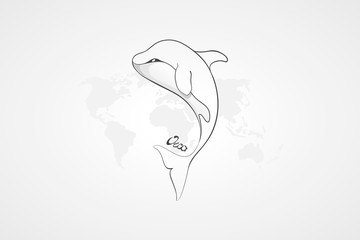 Whale Orca. Concept vector hand drawn illustration, logo. Design of simple icon with text. Sketch art. Flat design. 