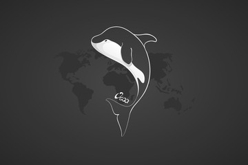 Whale Orca. Concept vector hand drawn illustration, logo. Design of simple icon with text. Sketch art. Flat design.
