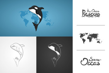 Whale Orca. Concept vector hand drawn illustration, logo. Design of simple icon with text. Sketch art. Flat design. Lettering. Infographic template.