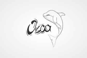 Obraz premium Whale Orca. Concept vector hand drawn illustration, logo. Design of simple icon with text. Sketch art. Flat design. Lettering.