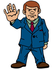 Responsible man gives a sign of attention and danger. Vector illustration.