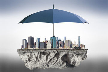 Umbrella to protect the city from the bad weather concept