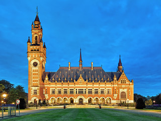 The Peace Palace at evening in The Hague, Netherlands. It houses the International Court of Justice of UN, the Permanent Court of Arbitration and the Hague Academy of International Law.