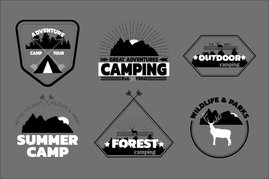 Camping logos set, outdoor emblems, labels