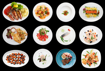 Set of farious fish and seafood dishes, isolated