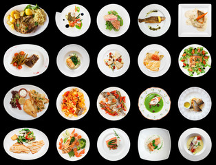 Set of main fish courses isolated on black