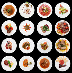 Set of various meat dishes isolated on black
