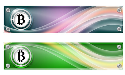 Set of two banners with colored rainbow and bit coin symbol
