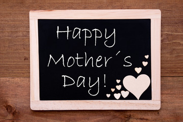 Blackboard With Wooden Hearts, Text Happy Mothers Day