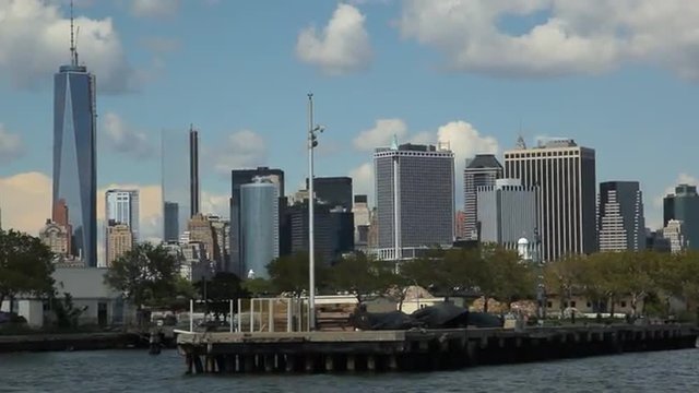 View of the New York City Skyline while floating the East River by ferry.