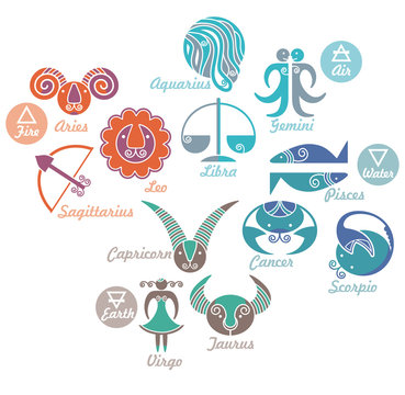 Set of astrological zodiac symbols. Elements of Fire, Air, Earth, Water.