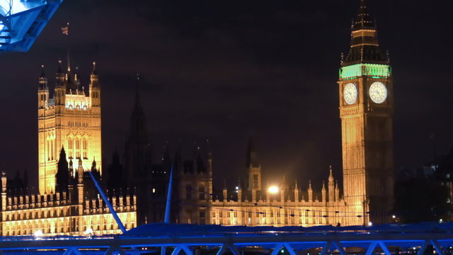 Time-lapse of Big Ben and the London Eye at night. Cropped.