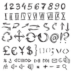 Handwritten icons and numerals from rough pencil strokes. Isolat