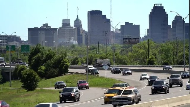 Zoomed view of traffic on I-37 towards downtown San Antonio.