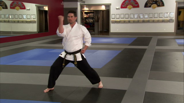 Martial arts instructor performing Tae Kwon Do at a karate studio.