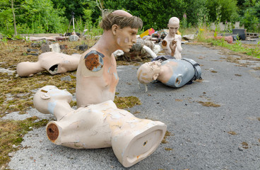 Lancashire, England, 06/08/2013, Abandoned theme park mannequins left to decay