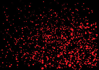 Vector splatter of blood in red color on black background. Bloody explosion on black background. Grainy blood texture blow. Red watercolor spray, drop on black background. Vector illustration. EPS 10.