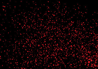 Fototapeta na wymiar Vector splatter of blood in red color on black background. Bloody explosion on black background. Grainy blood texture blow. Red watercolor spray, drop on black background. Vector illustration. EPS 10.