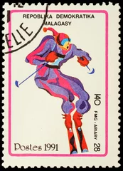 Verduisterende gordijnen Wintersport Colored picture of ski slalom on post stamp  © Vic