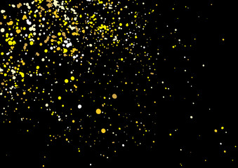 Gold glitter explosion on black background made of spray paint. Golden festive blow texture of confetti. Golden grunge grainy spray abstract texture of snow flakes. Holiday background. Vector.