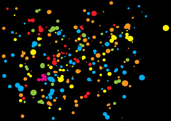 Colorful confetti isolated on black background. Abstract black background with many splattered falling round confetti pieces. Confetti random background Pattern made of calligraphy ink drops. Vector.