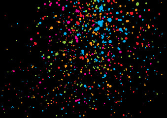 Background with many falling tiny round random confetti, glitter and serpentine pieces blow and sprayed on black background. Isolated.