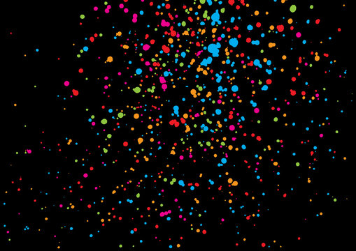Background with many falling tiny round random confetti, glitter and serpentine pieces blow and sprayed on black background. Isolated.
