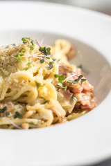 spaghetti carbonara with a bacon, eggs and cheese sauce.