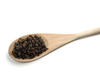 Dry Chinese green tea leaves Ololong isolated