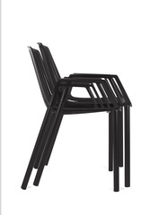 Stacked Black Metal Chairs on White Background, Side View