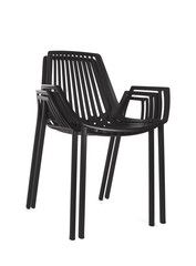 Stacked Black Metal Chairs on White Background, Three Quarter View