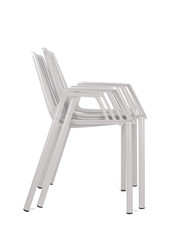 Stacked White Metal Chairs on White Background, Side View