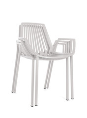 Stacked White Metal Chairs on White Background, Three Quarter View