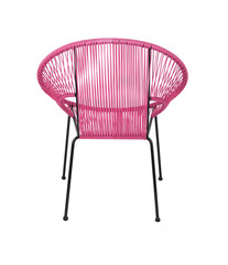 Pink Rattan Outdoor Chair on White Background, Rear View