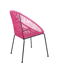 Pink Rattan Outdoor Chair on White Background, Three Quarter Rear View